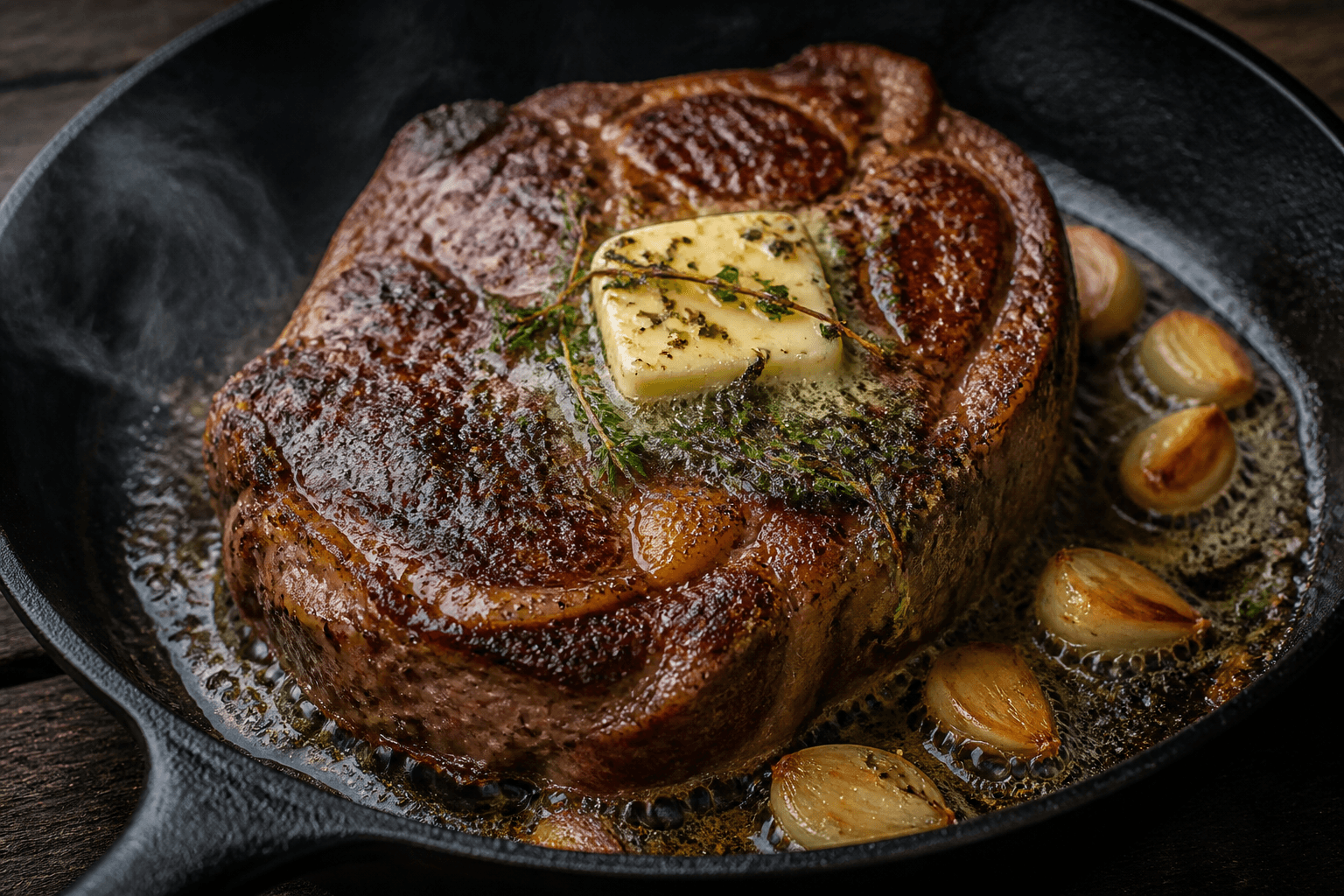 Ribeye i støbejern med smeltet marvsmør og hvidløg
