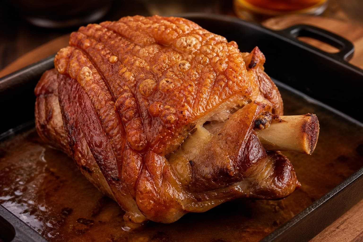 Schweinshaxe med sprød svær i støbejernsfad