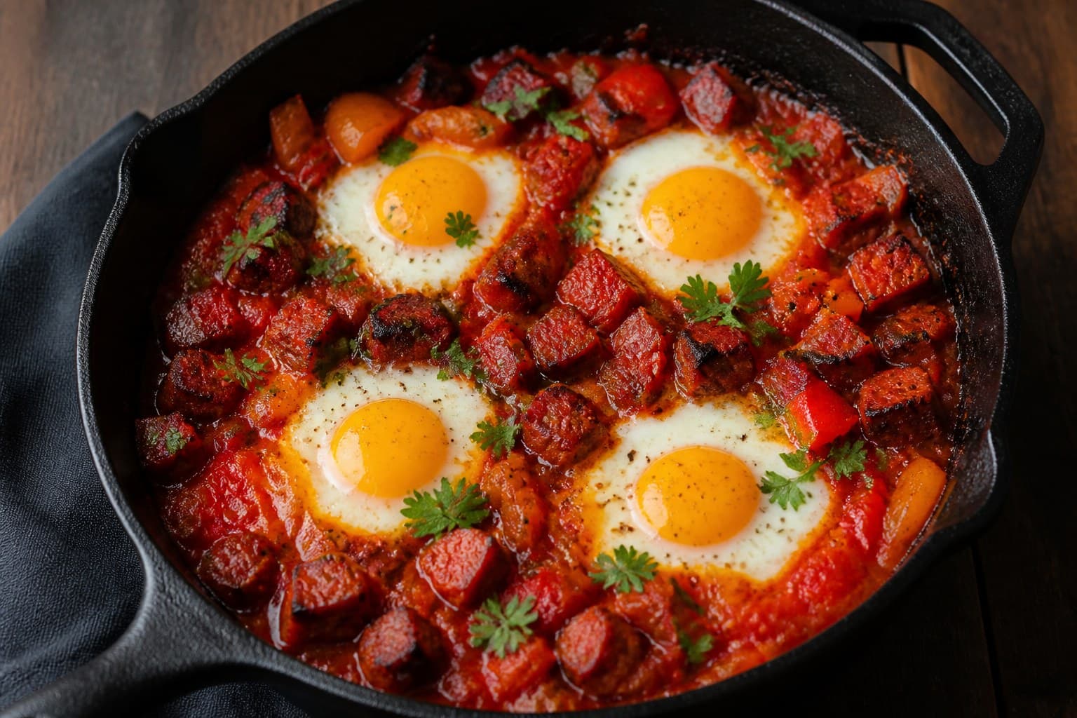 Shakshuka med chorizo og æg i støbejernspande