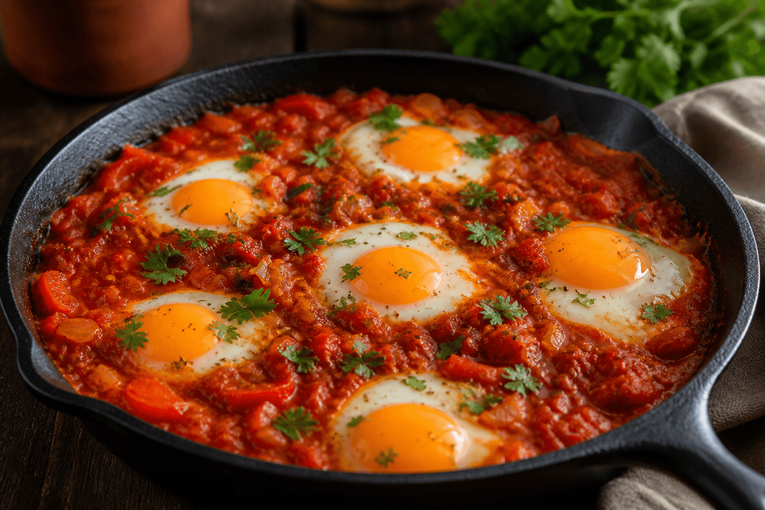 Shakshuka med æg i tomatsauce i støbejernspande