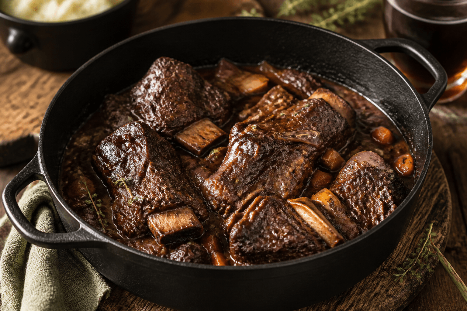 Short ribs simret i mørkt øl i støbejernsgryde