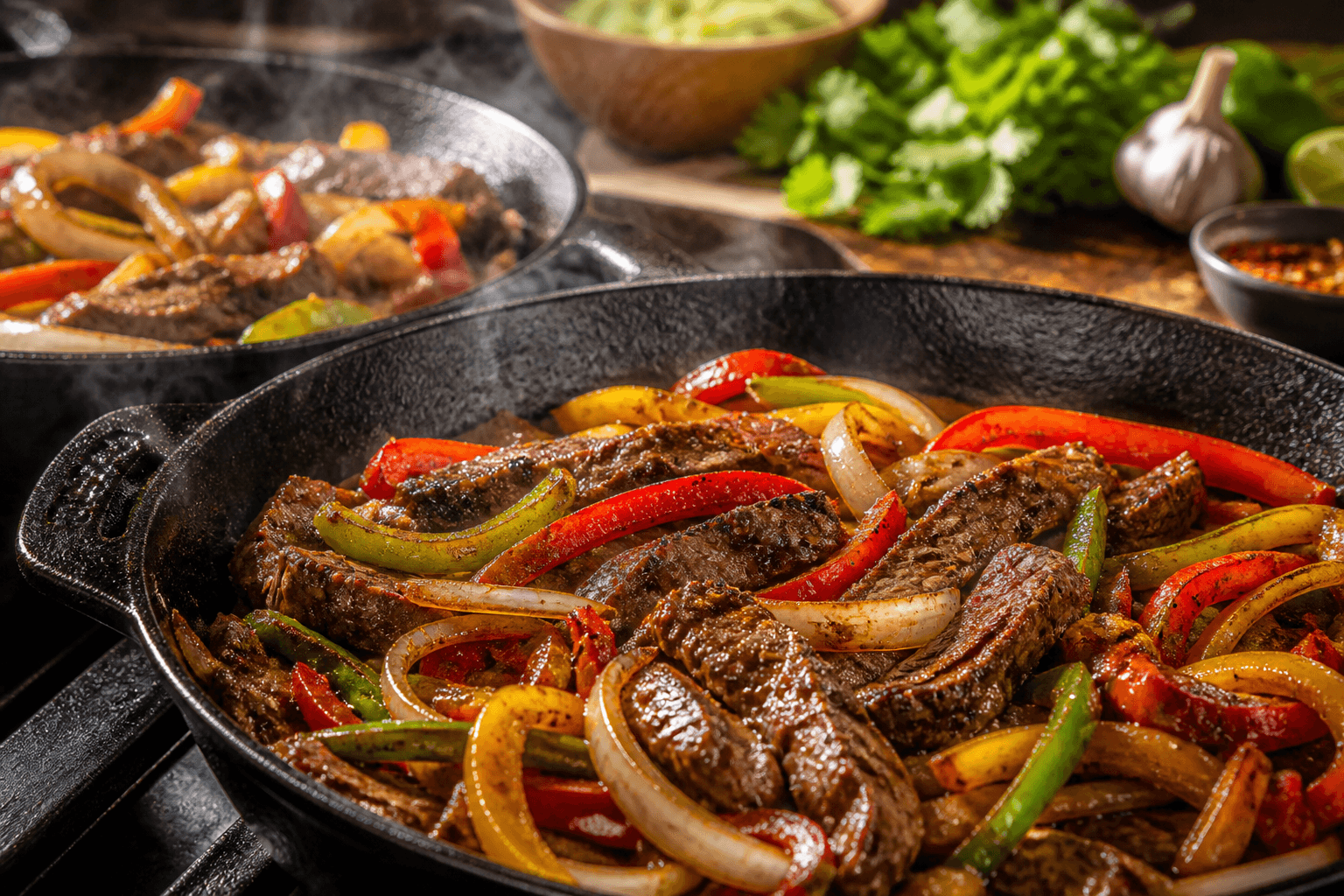 Sydende fajitas med kød og peberfrugt i støbejernspande