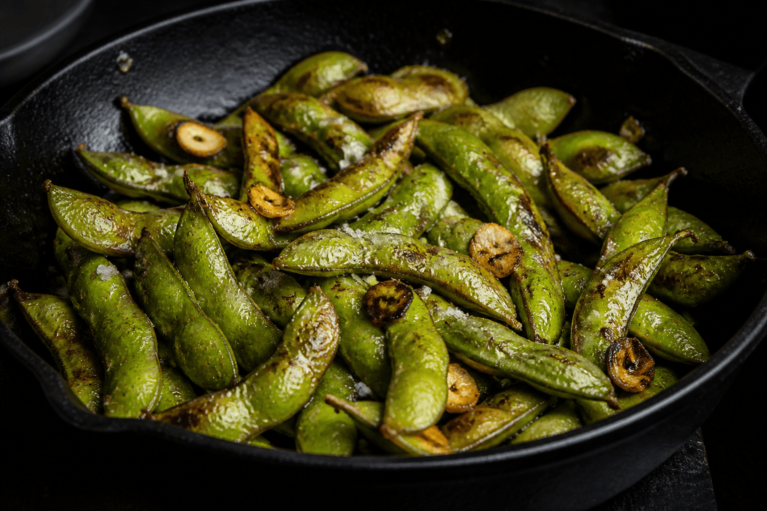 Edamame i støbejern med flagesalt og hvidløg