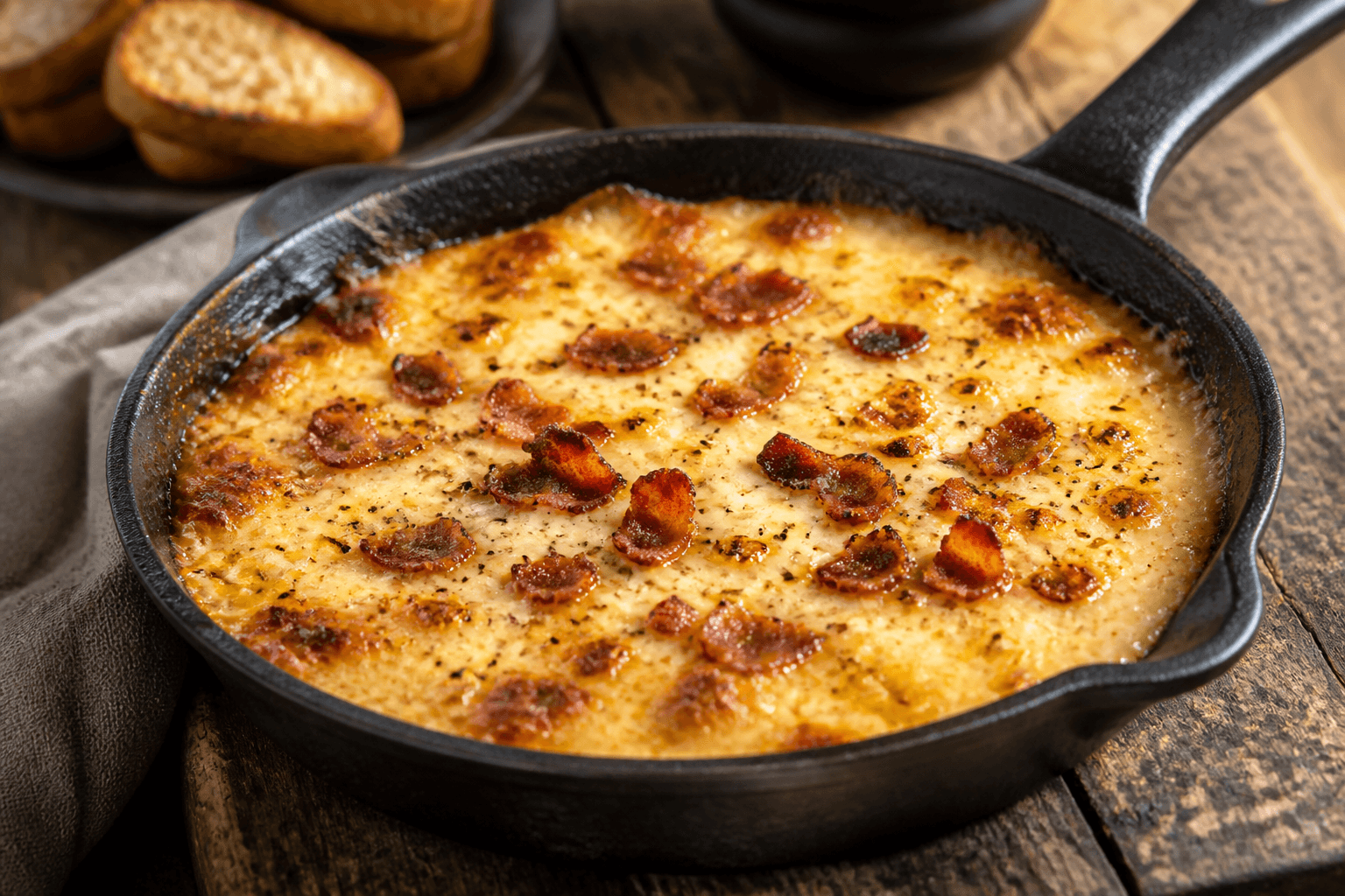 Boblende smoked gouda og bacon dip i støbejernspande