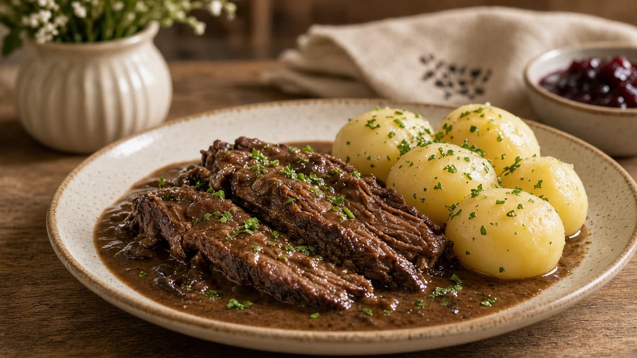 Braiseret spidsbryst i mørk flødesovs med ribsgele serveret med kartofler