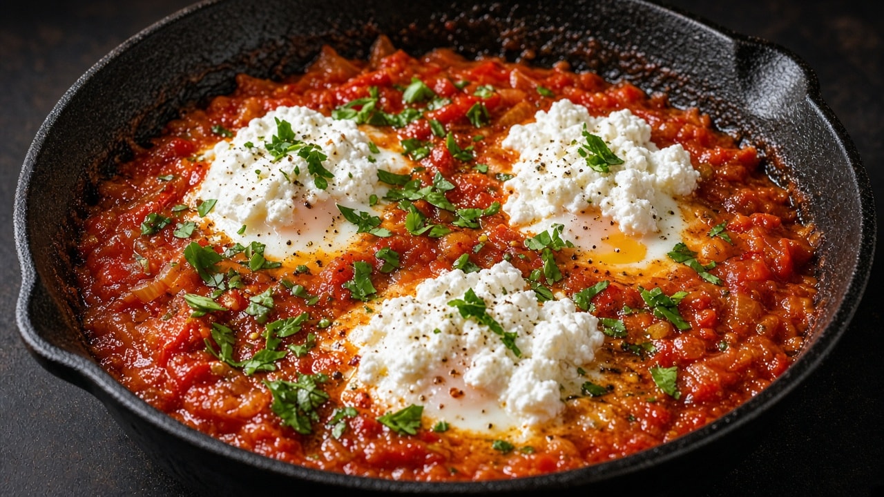 Støbejerns-shakshuka med hytteost-skum på toppen