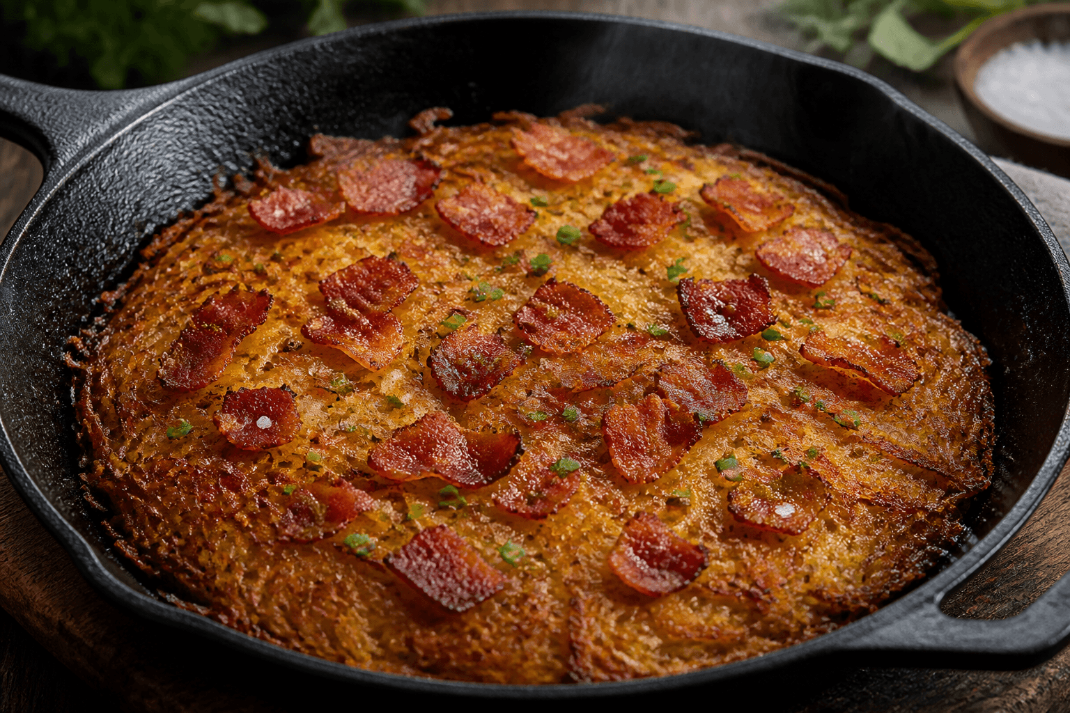 Stor sprød rösti med bacon i støbejernspande