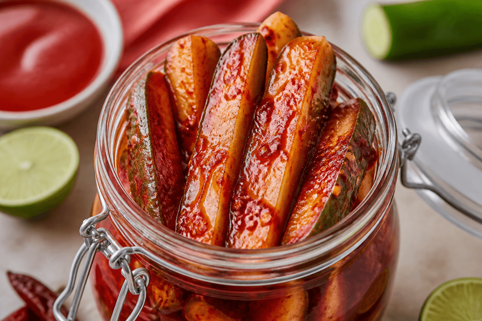 Glas med chamoy pickles — agurker i rød chamoy-lage