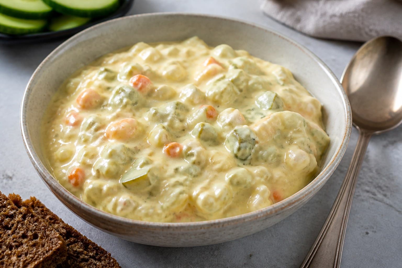 Skål med grov hjemmelavet remoulade af syltede grøntsager