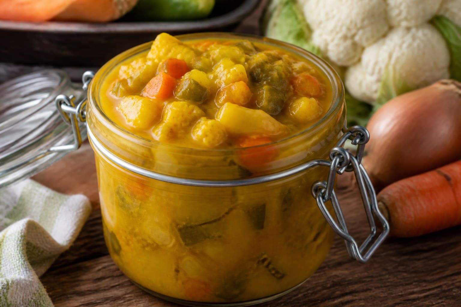 Glas med gul piccalilli af hakkede efterårsgrøntsager