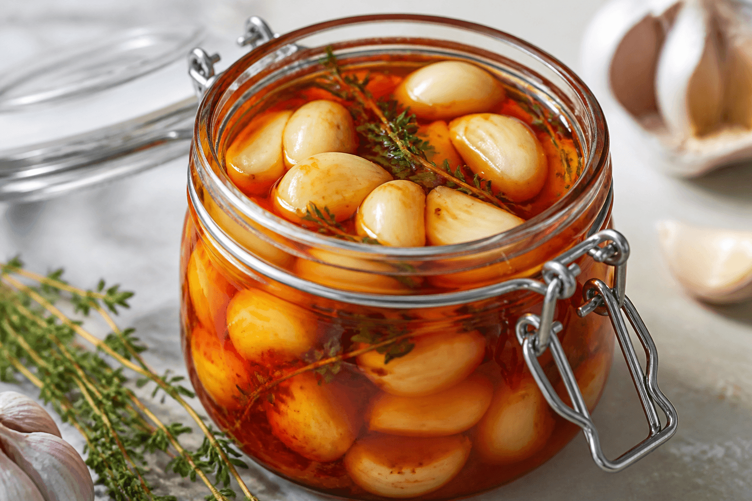Glas med pickled garlic i sriracha-lage med timian