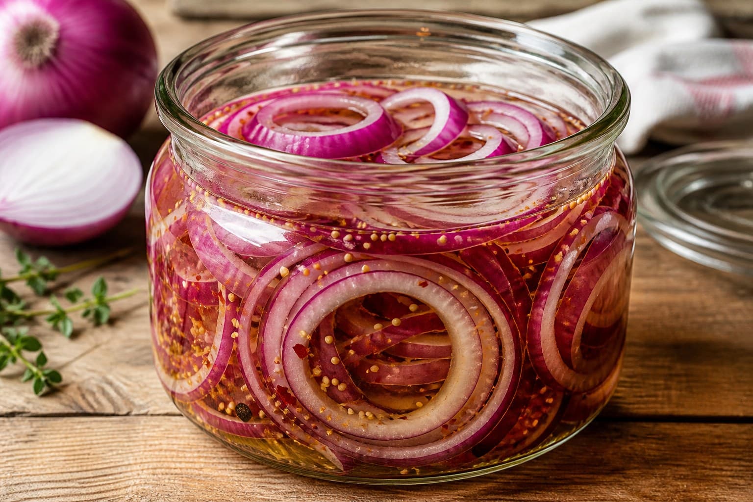 Glas med store hele syltede rødløgsringe
