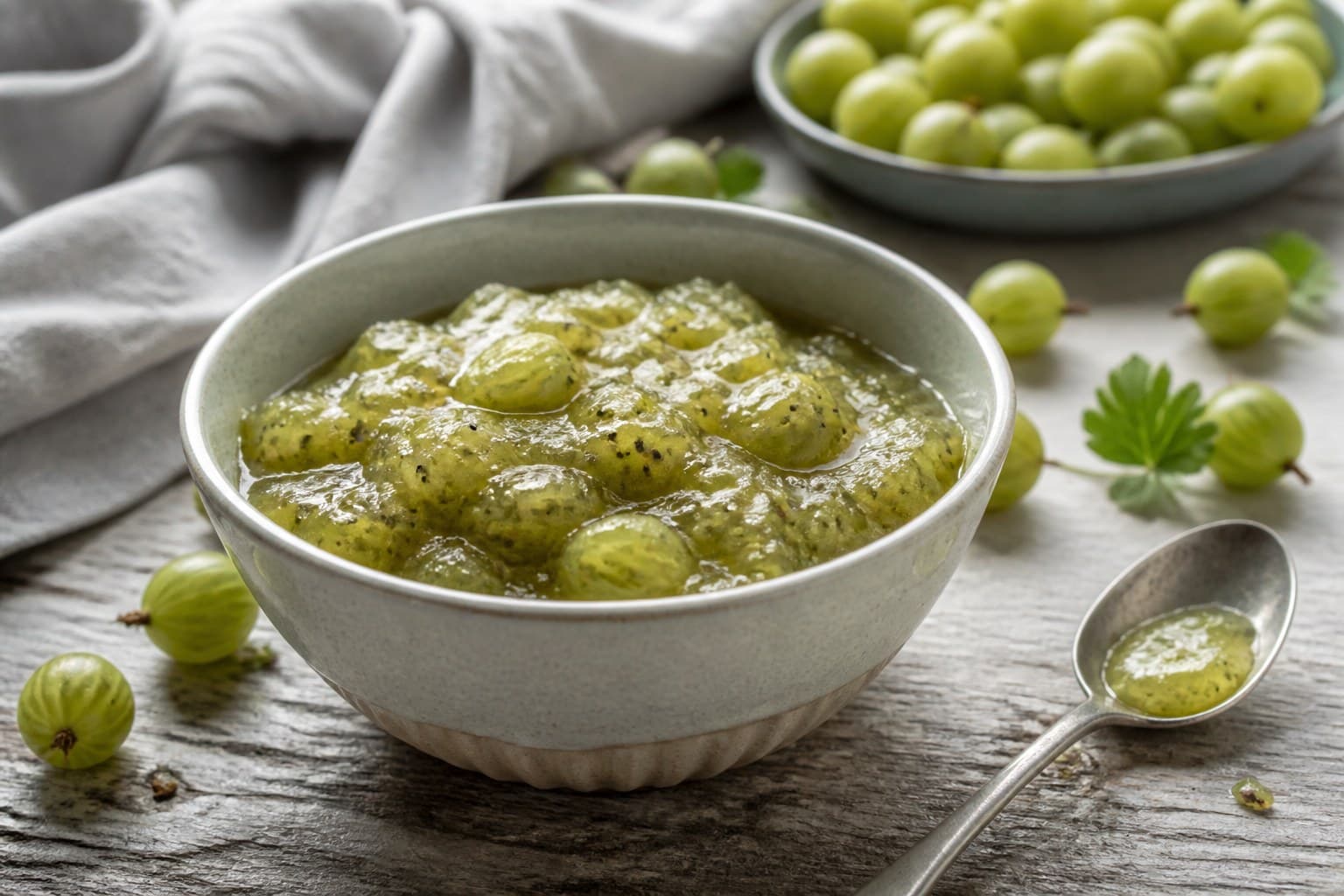 Skål med grov stikkelsbærkompot til hønsesalat