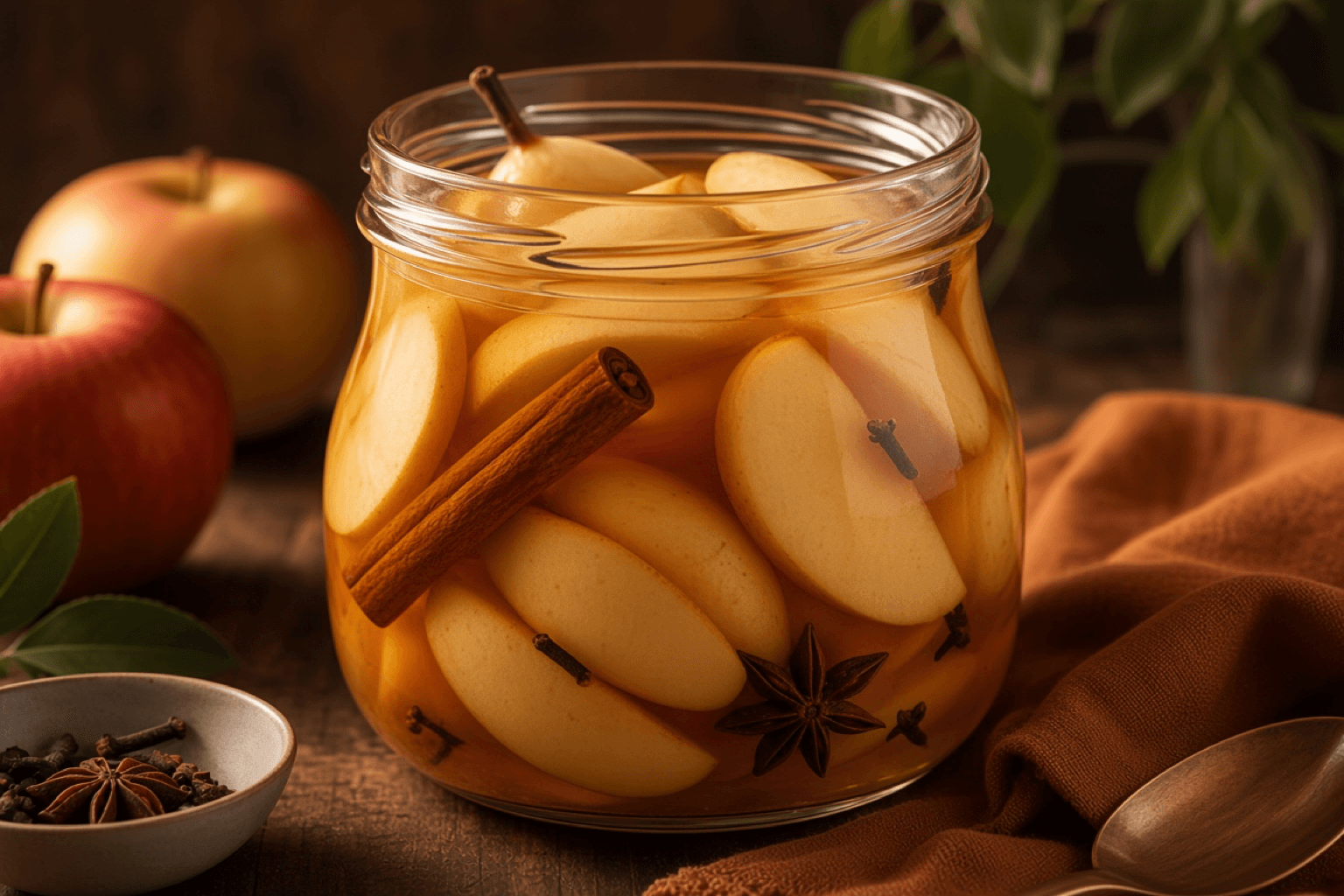 Glas med syltede æblebåde, kanelstang og nelliker