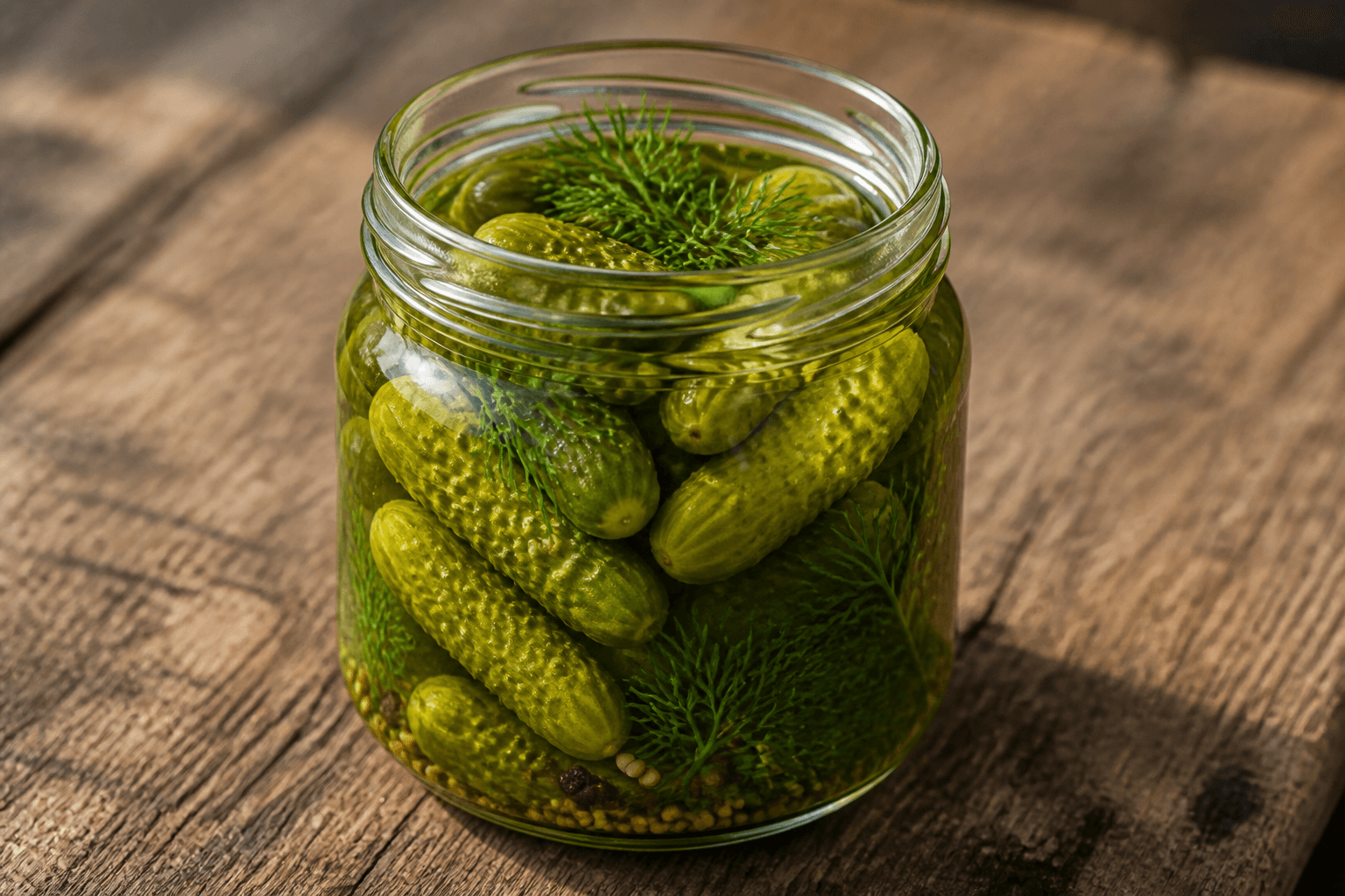 Glas med små syltede drueagurker og dild