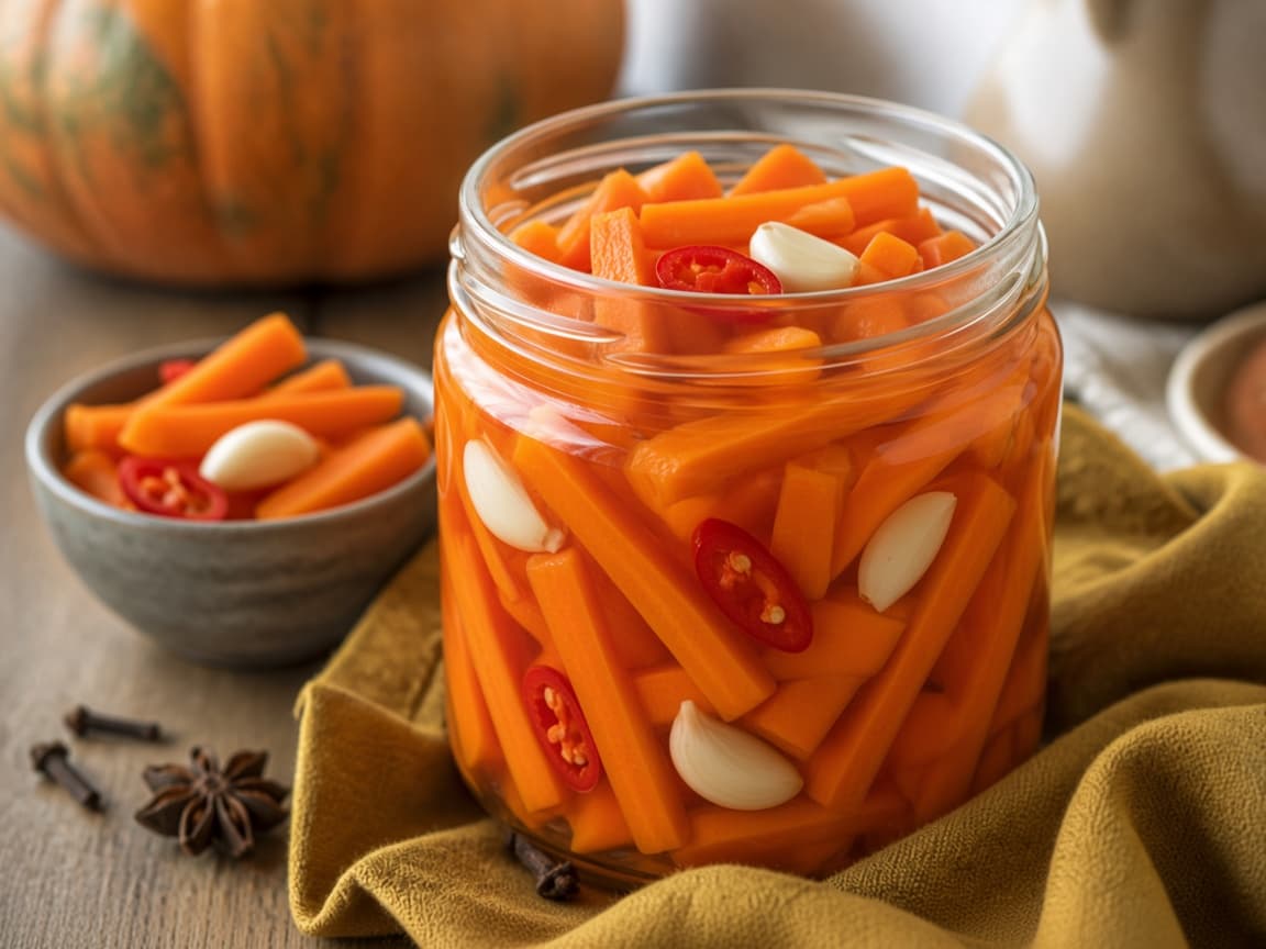 Glas med orange syltede gulerødder og chili