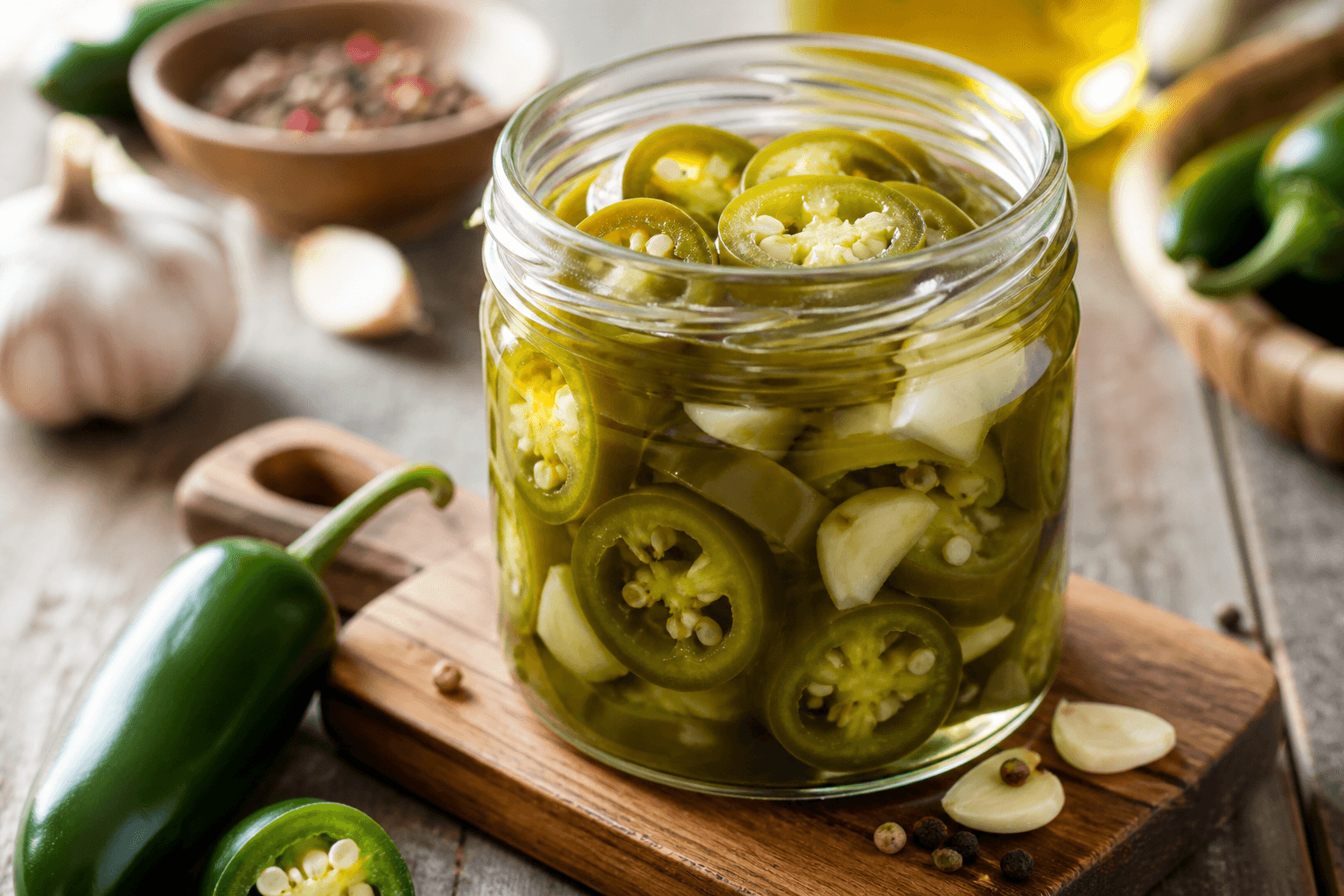 Glas med syltede jalapeños i klar lage