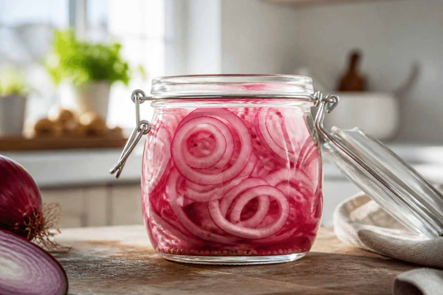 Glas med syltede rødløg uden sukker i klar lage