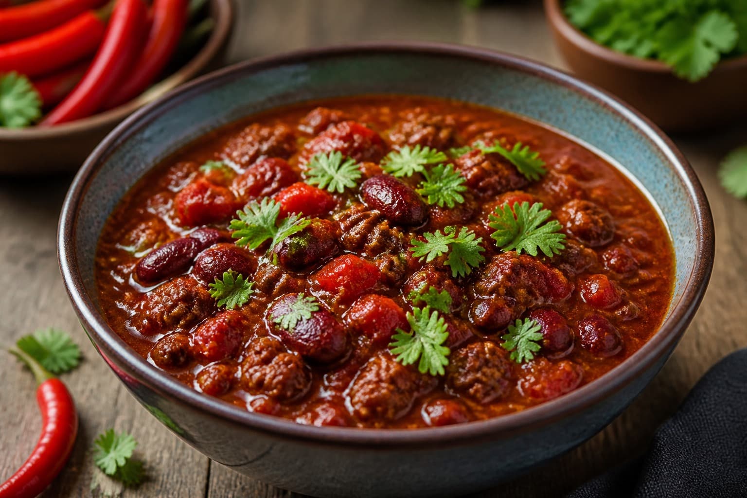 Chili con carne fra trykkoger med bønner og koriander