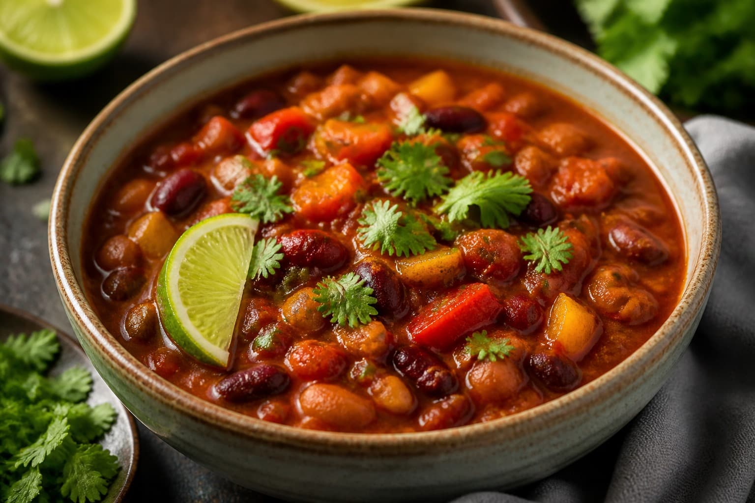 Vegetarisk chili sin carne fra trykkoger med bønner