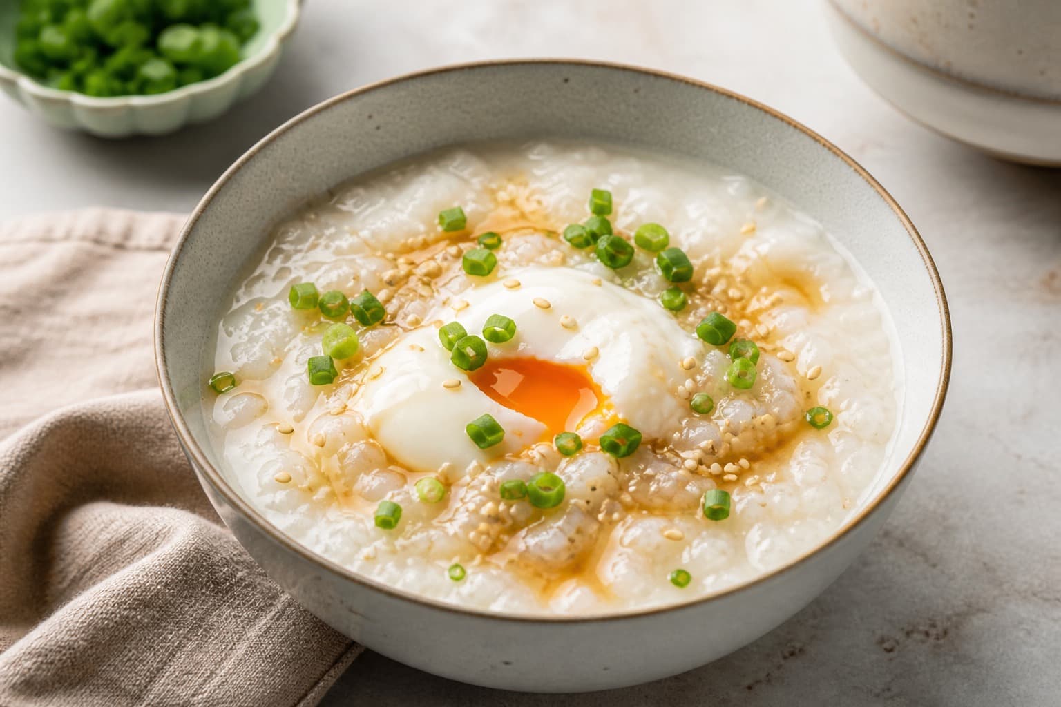 Asiatisk congee rissuppe fra trykkoger med topping