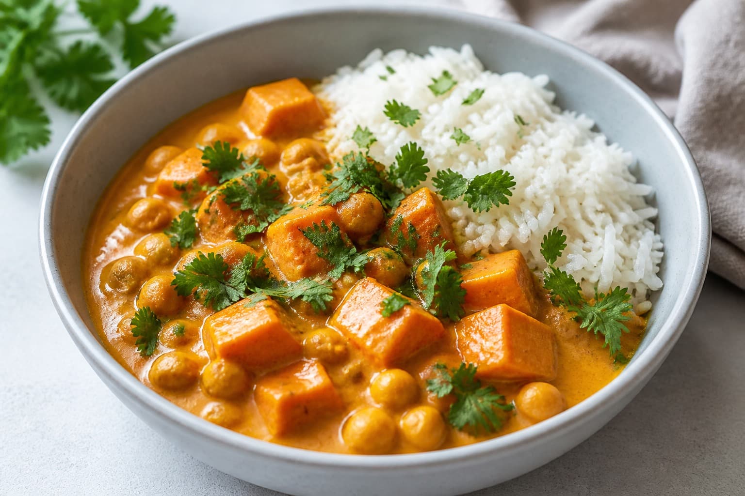 Curry med søde kartofler og kikærter fra trykkoger