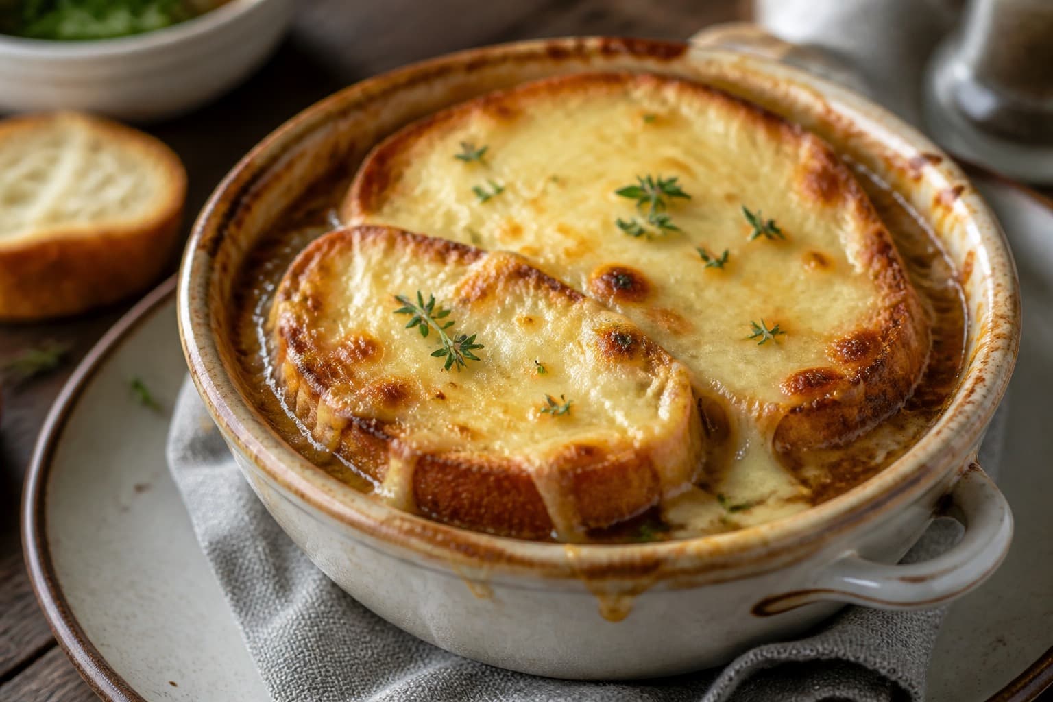 Fransk løgsuppe fra trykkoger gratineret med ost