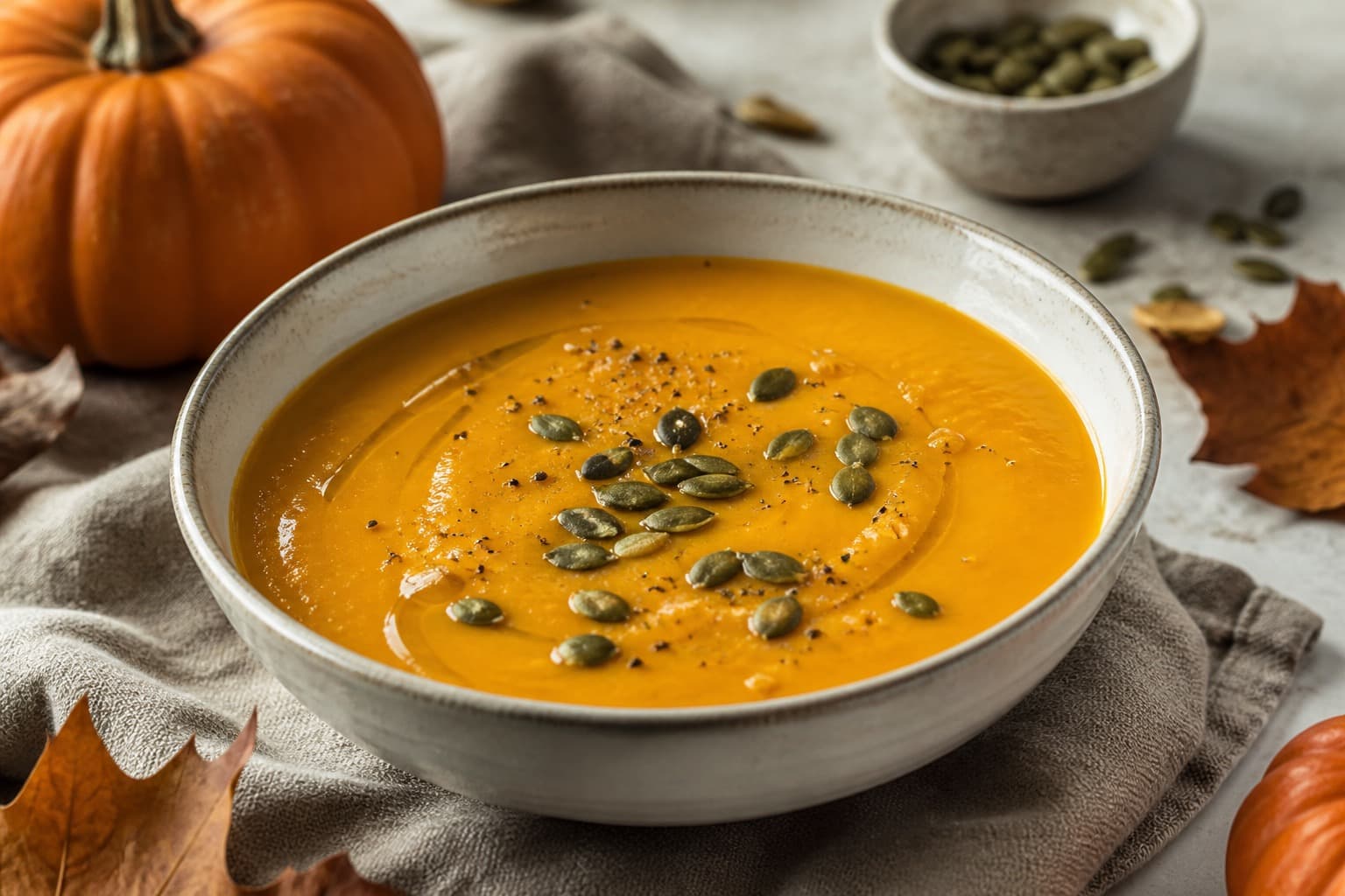 Cremet græskarsuppe fra trykkoger med græskarkerner
