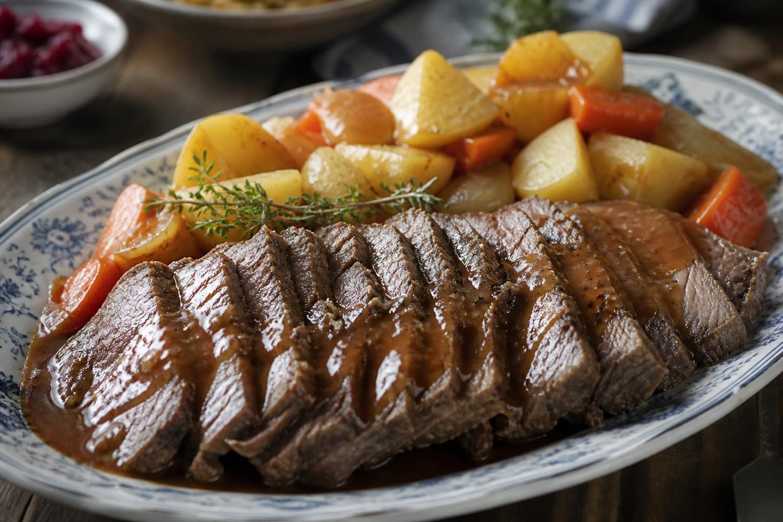Grydestegt oksesteg fra trykkoger skåret i skiver med sauce