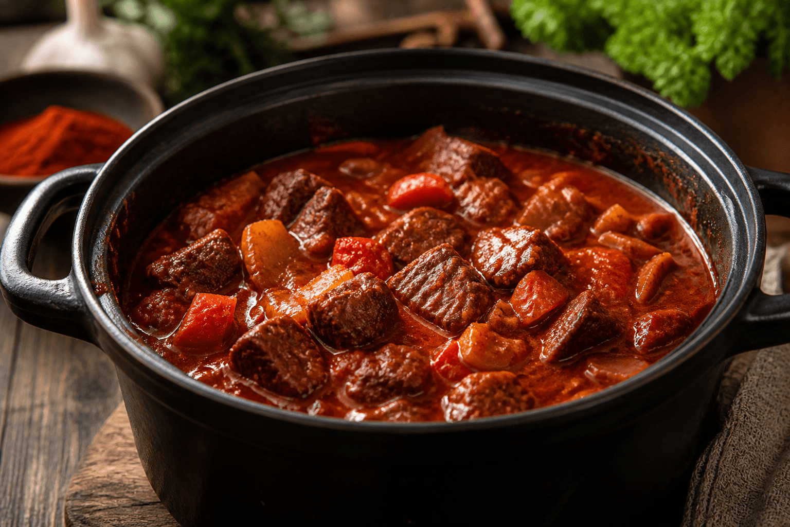 Gullasch i trykkoger med dyb rød paprika-sauce