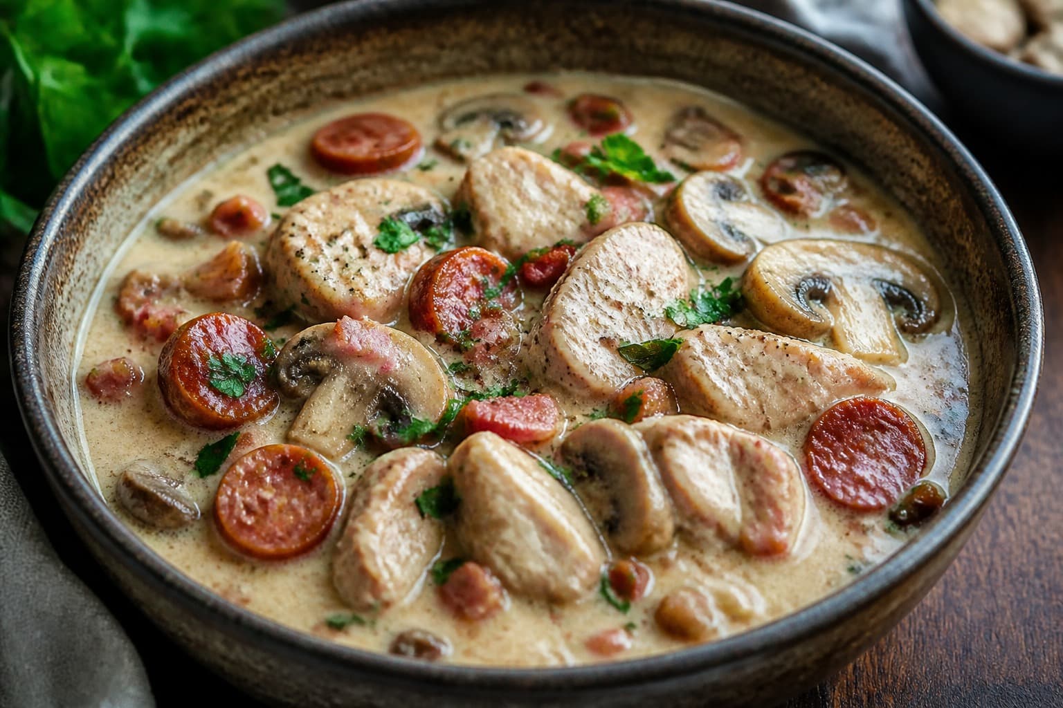 Cremet mørbradgryde fra trykkoger med bacon og pølser