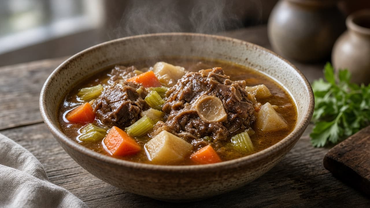 Skål med trykkogt oksehalesuppe med rodfrugter