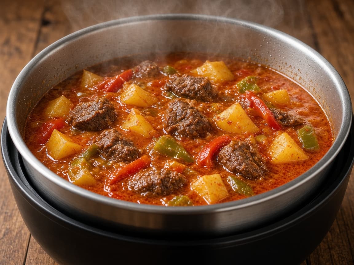 Trykkoger-gullasch med varm paprika og oksekød
