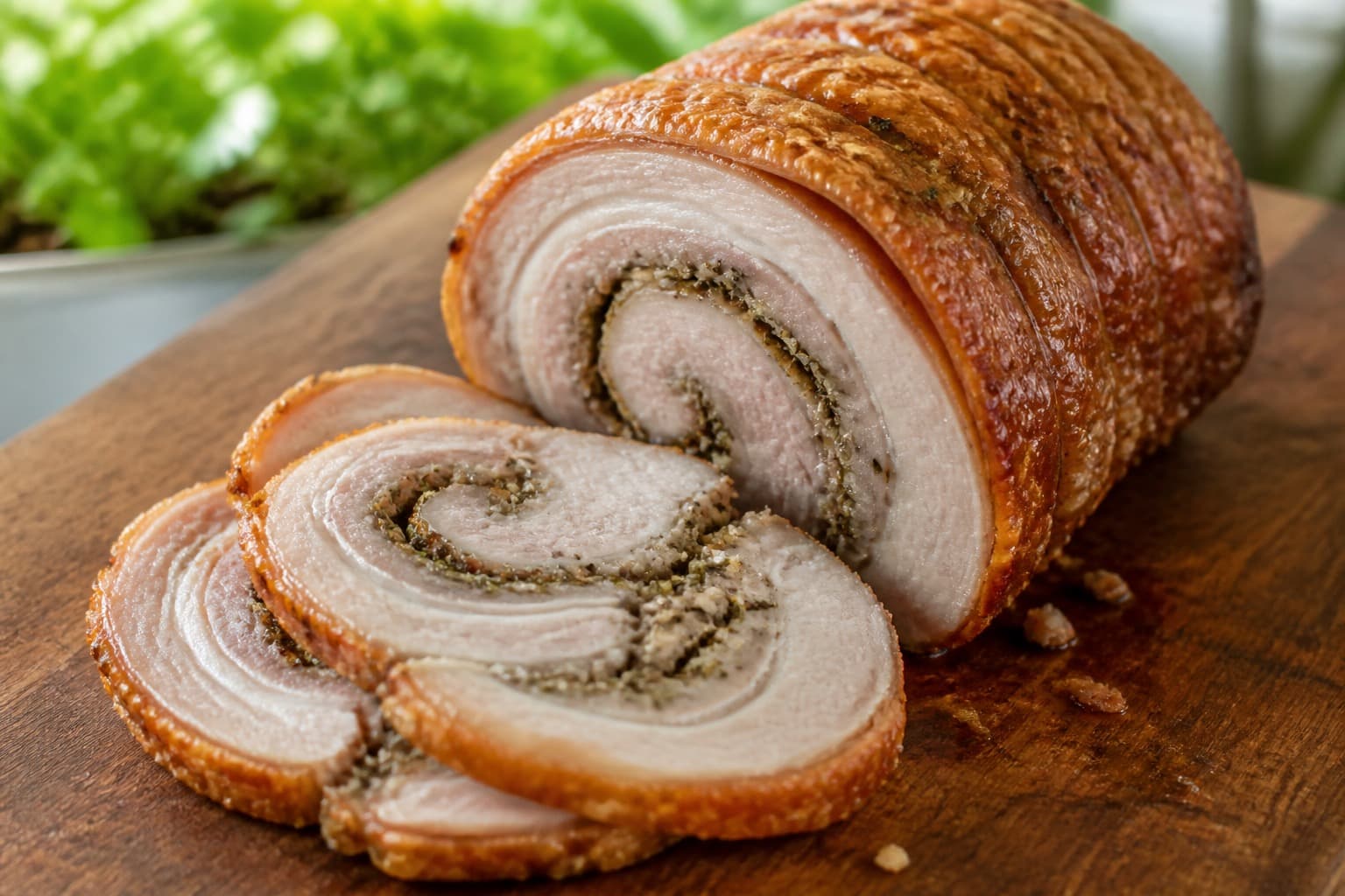 Porchetta-rullesteg fra trykkoger skåret i skiver med urtefyld