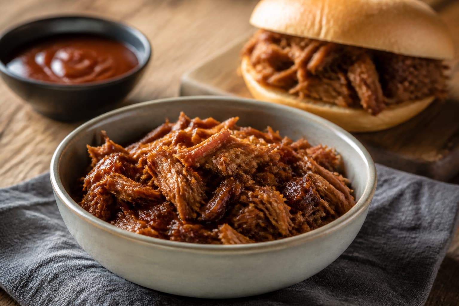 Pulled pork fra trykkoger trukket i strimler med BBQ-sauce