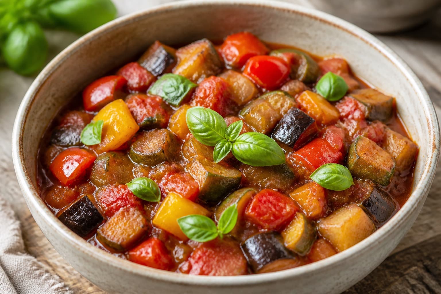 Ratatouille fra trykkoger med aubergine, squash og tomat