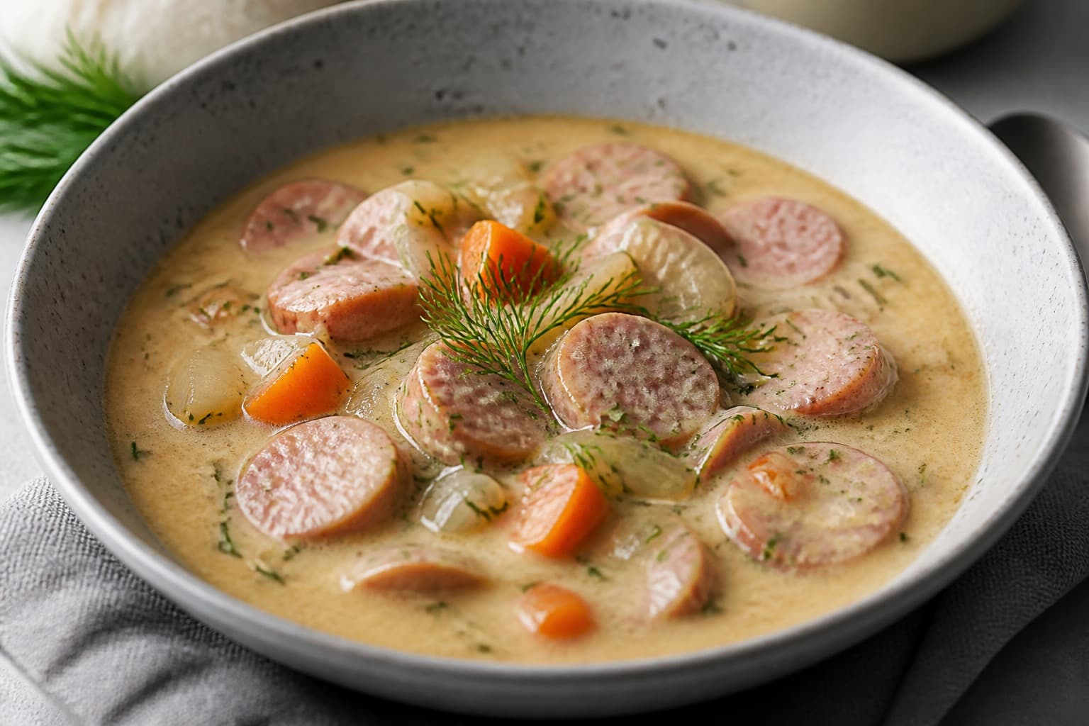 Svensk pølseret fra trykkoger med cremet sauce og dild